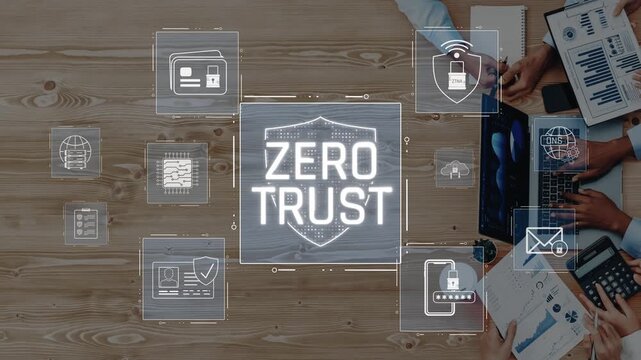 A business meeting focused on cybersecurity strategies, featuring the zero trust concept, digital protection icons, and a collaborative workspace with a modern touch. Raster