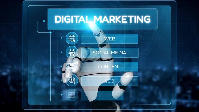 Digital marketing strategy broken down into categories: web, SEO, content, social media, and advertise. Digital tools enhance online marketing success across digital platforms. Muxer