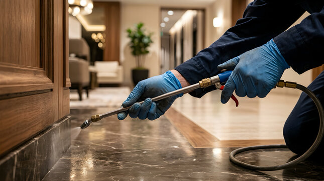 Professional pest control worker in blue gloves spraying insecticide along hotel baseboard with insecticide spraying maintenance professional chemical cleaning baseboard