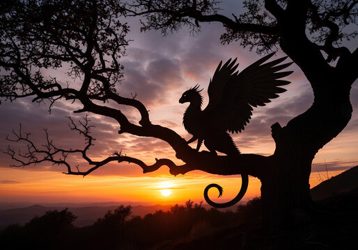 Video silhouette of a mythical dragon perched on a tree branch against a vibrant sunset sky with clouds over a mountain landscape