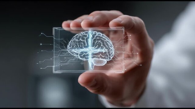 Neural Offer Grid Seamless Loop Background Featuring Holographic AI Brain Decision Matrix for Corporate Technology Presentations and Digital Innovation Displays.