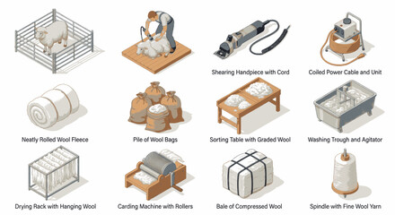 Set of isometric illustrations depicting the wool production process from sheep shearing to spinning yarn. © adobe
