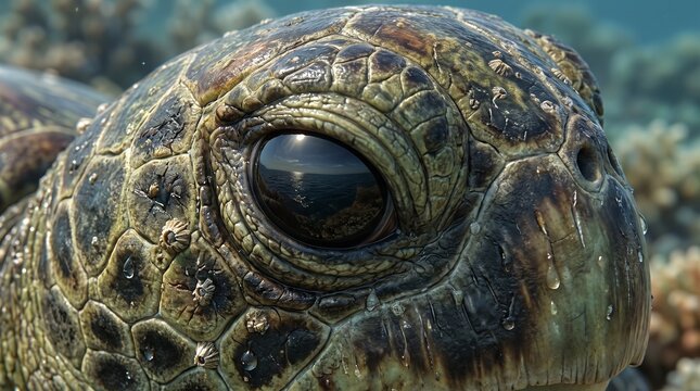 Macro portrait of a green sea turtle head with a detailed reflection of the wide open ocean surface and blue sky in its dark pupil