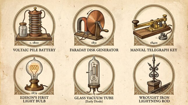 Vintage scientific instruments on display including a voltaic pile battery, Faraday disk generator, manual telegraphy kit, Edison's light bulb, glass vacuum tube, and wrought iron lightning rod.