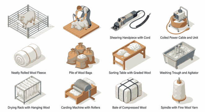 Set of isometric illustrations depicting the wool production process from sheep shearing to spinning yarn.