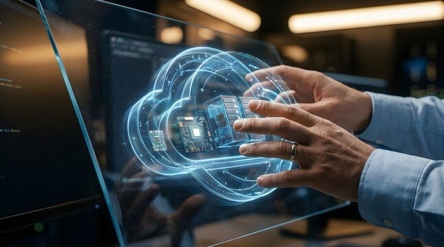 It professional using a transparent digital holographic interface to manage and analyze cloud computing data and network infrastructure technology in a dark tech office with technology