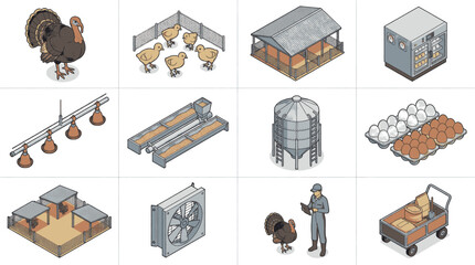 Isometric farm equipment and animals, including turkeys, chickens, coops, feeders, and storage silos, illustrating modern poultry farming. © adobe