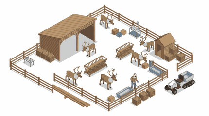 Isometric view of a reindeer farm with a barn, fences, and a person working in the snow. © adobe