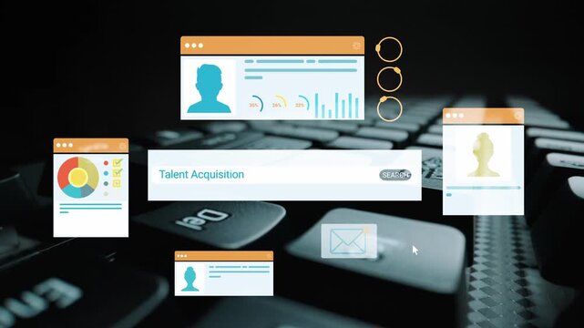 Innovative digital interface representing talent acquisition process with data visualizations, user profiles, and search functionality in a modern workspace setting. Entropy.