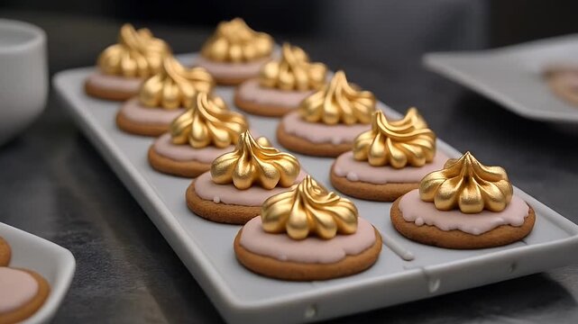 Luxury cookies topped with pink icing and elegant golden meringue swirls
