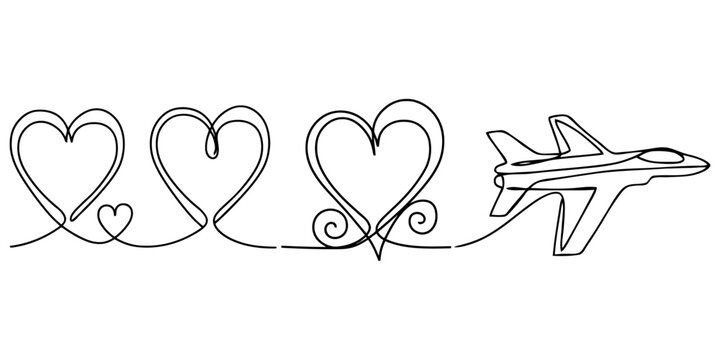 Continuous single line drawing of heart shapes and a jet fighter plane Vector, illustration