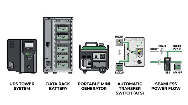 A diagram shows a UPS tower system connected to a data back battery and a portable mini generator through an automatic transfer switch for seamless power flow.
