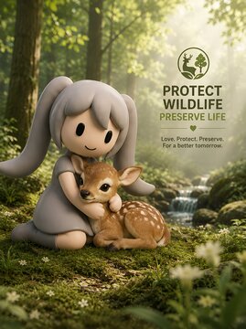 Cute 3D mascot hugging baby deer in forest promoting wildlife conservation and nature protection