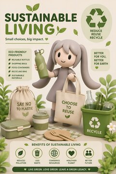 Cute 3D mascot promoting sustainable living with reusable eco friendly products
