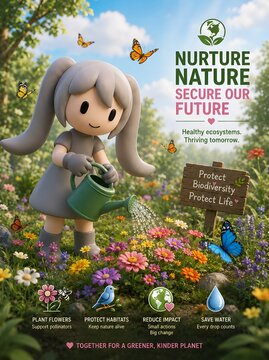 Cute 3D mascot watering wildflowers to support pollinators and biodiversity conservation