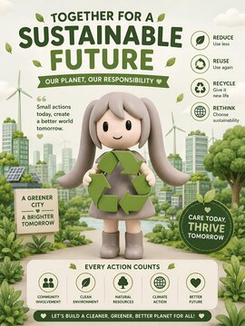 Cute 3D mascot promoting a sustainable future with recycling and green city concept