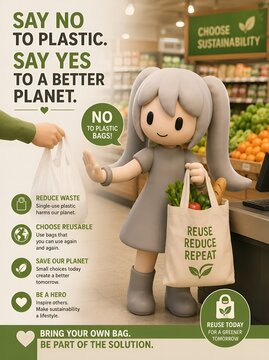 Cute 3D mascot refusing single-use plastic bag while shopping with a reusable tote
