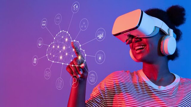 A joyful woman engages with virtual reality technology, showcasing cloud computing graphics in a vibrant setting, emphasizing innovation and digital exploration. Raster