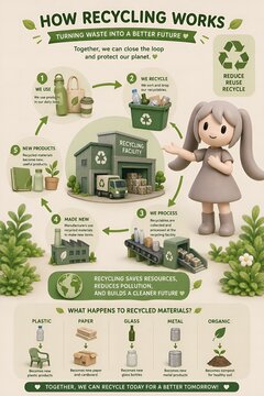 Cute 3D recycling process infographic with mascot explaining how recycling works