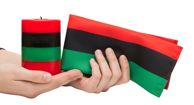 Hands holding a candle and cloth with red, black, and green stripes