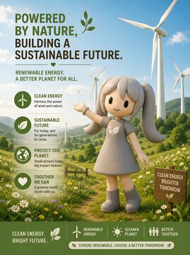 Cute 3D mascot promoting renewable wind energy and a sustainable future