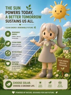 Cute 3D mascot promoting solar energy and renewable power for a sustainable future