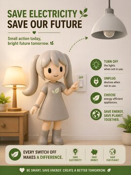 Cute 3D mascot turning off light switch to promote energy saving at home