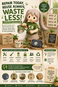 Cute 3D mascot promoting repair reuse and upcycling for a sustainable zero waste lifestyle