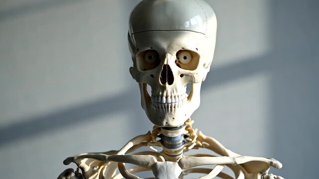 Anatomical human skeleton model standing in medical room with soft shadow backdrop