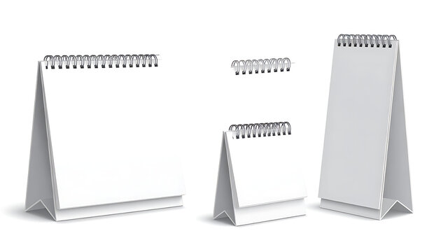 Set of three blank desktop calendars with spiral binding, isolated on a white background
