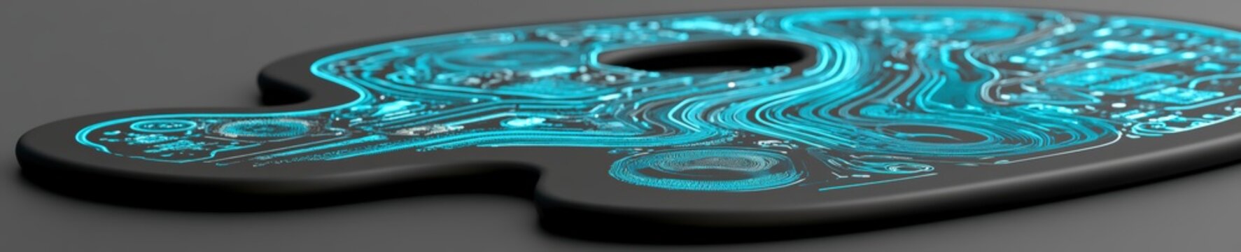 Wooden artist palette holding glowing swirling pools of digital neon light and holographic data on dark moody background.