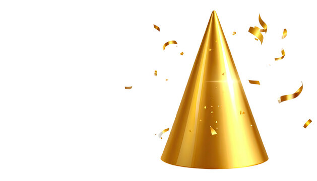 Gold party popper icon with golden confetti on a transparent background, vector illustration.