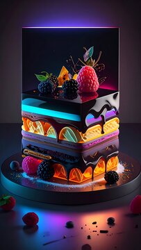 A futuristic multi-layered cake with colorful fruits and neon lights