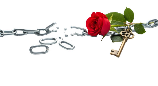 A broken chain links to a red rose with a key on a transparent background.