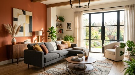 Fototapeta premium Cozy Living Room with Sectional Sofa and Large Window.