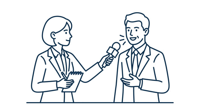 Woman interviewing man with microphone.