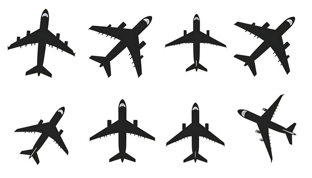 Set of eight airplane silhouettes, various models viewed from above, representing travel and aviation concepts
