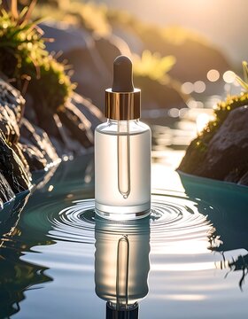 A serene dropper bottle on rippling water amidst mossy rocks