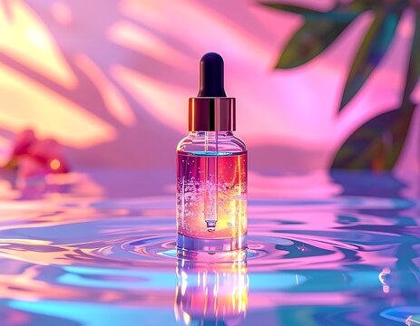 A serene glass dropper bottle floats on rippling water (1)