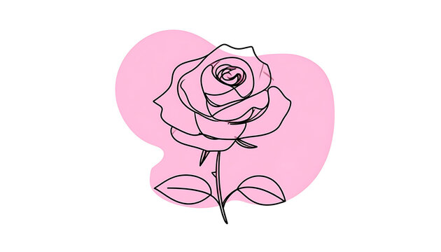 Single line art rose with dashed outline and soft pink abstract shape, simple floral graphic
