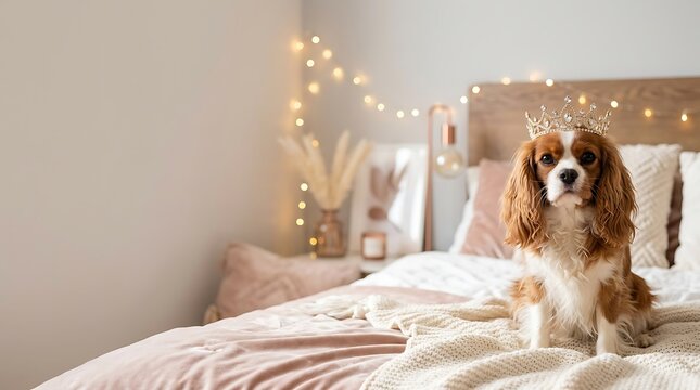 Cavalier king charles spaniel wearing a gold crown on a cozy bed
