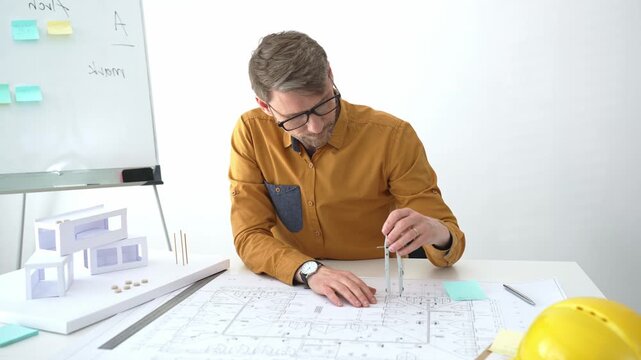 Architect or engineer working on architectural blueprints, drawing construction plans, designing a building project, and planning future development in an office
