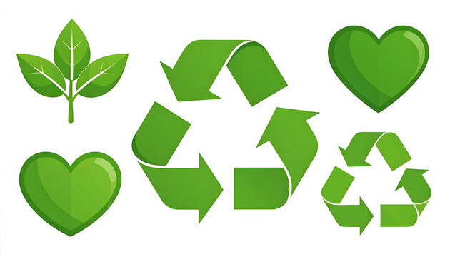Set of green pixel art icons for ecology and recycling, including leaves, hearts, and recycling symbols on white background
