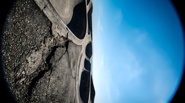 Fish-eye view of empty concrete skate park bowl against blue sky