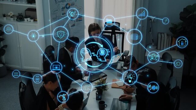 A diverse team engages in a modern business meeting, integrating technology and AI to foster collaboration and develop innovative strategies in a professional space. Raster