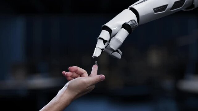 A futuristic scene showcasing a robotic hand interacting with a digital representation of a human brain, emphasizing artificial intelligence and data processing in a modern workspace. Synapse