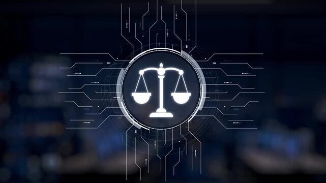 Robotic hand points towards a digital scale representing justice, symbolizing the role of artificial intelligence in the modern legal system with a technology backdrop. Synapse