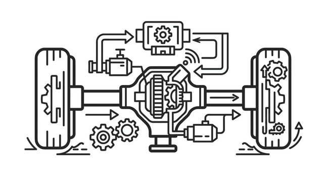 Electronic differential and drivetrain assembly technical schematic.