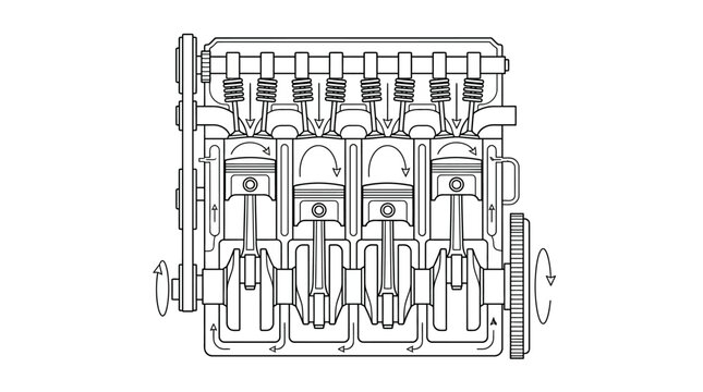 Four Cylinder Engine Block and Valvetrain Line Drawing