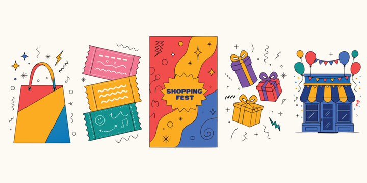 Shopping fest design elements with a shopping bag discount tickets gift boxes and store facade e commerce shopping
